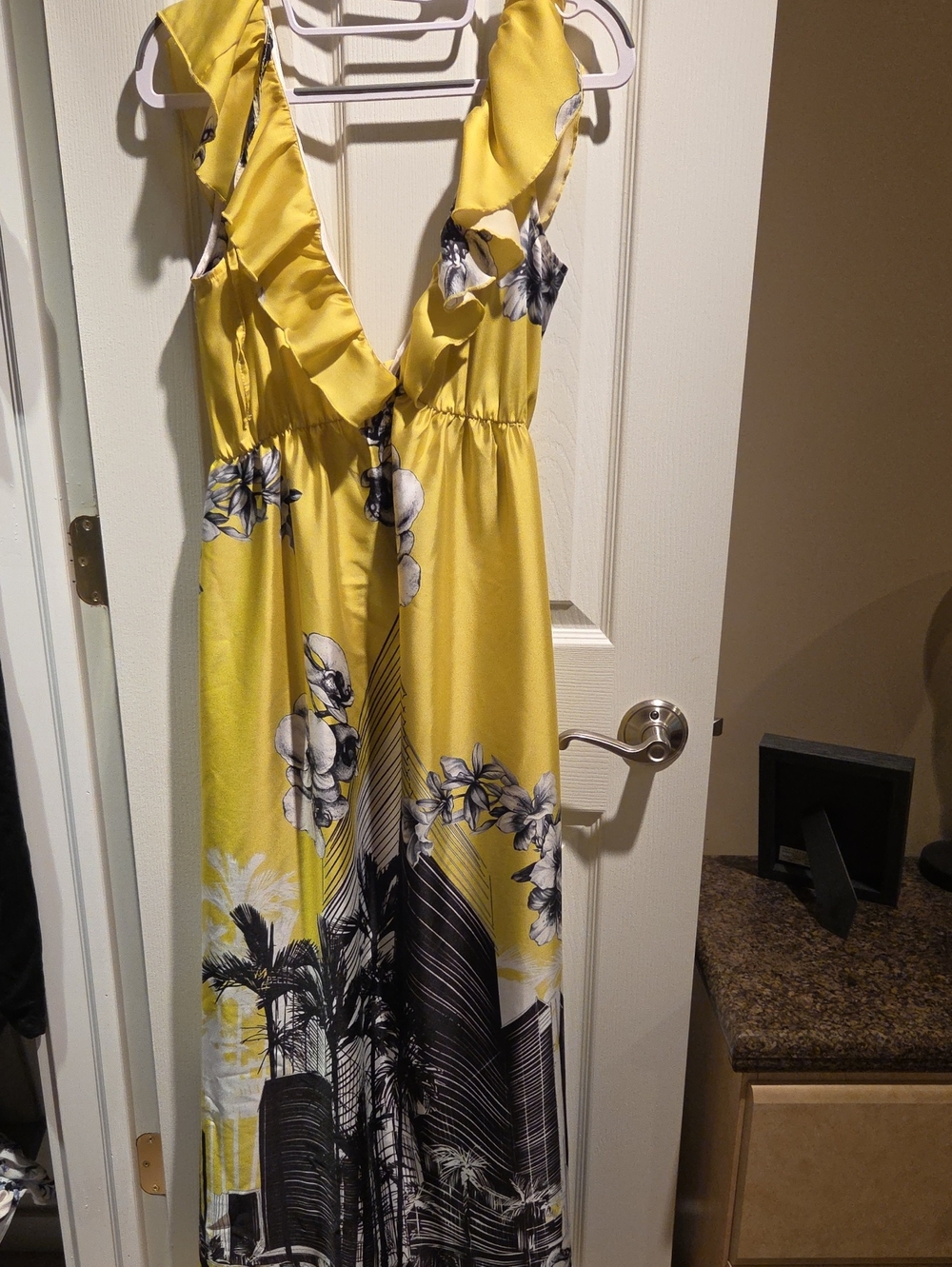Cristina Gavioli Yellow Floral Maxi Dress with Ruffle V-Neck